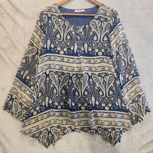Hibelle Womens Navy Blue Layered Paisley Semi Sheer Blouse Size Medium Boho